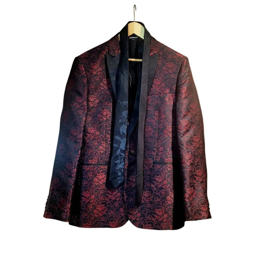 Express Tuxedo Jacket Men's 38 Black Red Slim Fit Floral Jacquard Satin Shine